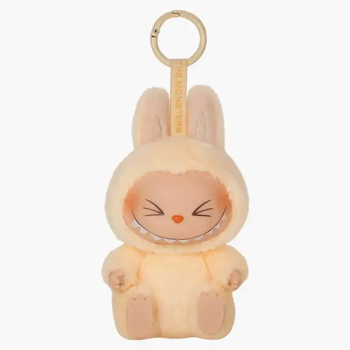 Pop Mart Labubu Sisi keychain plush in bunny outfit, a charming collectible from the Have A Seat series.